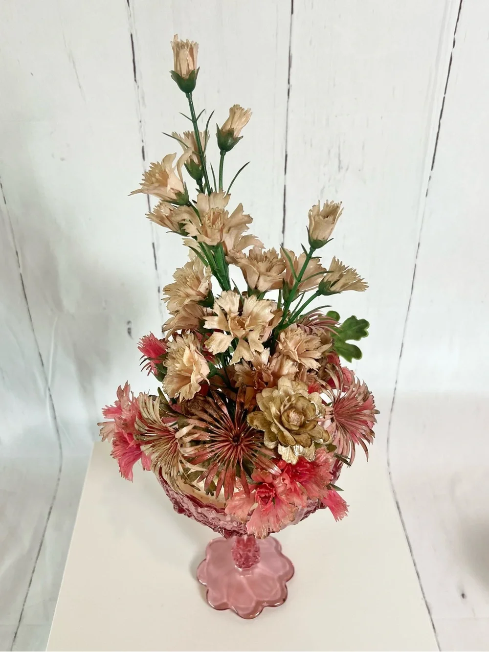 Vintage Fenton Pink Glass Compote with Mid Century Plastic Floral Arrangement